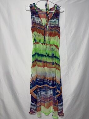 Derek Heart Neon Green Blue Orange Tie-Dye High-Low Maxi Dress